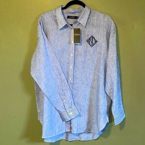 Ralph Lauren Black Label 100% Linen Long Sleeves Polo Dress Shirt in light Blue